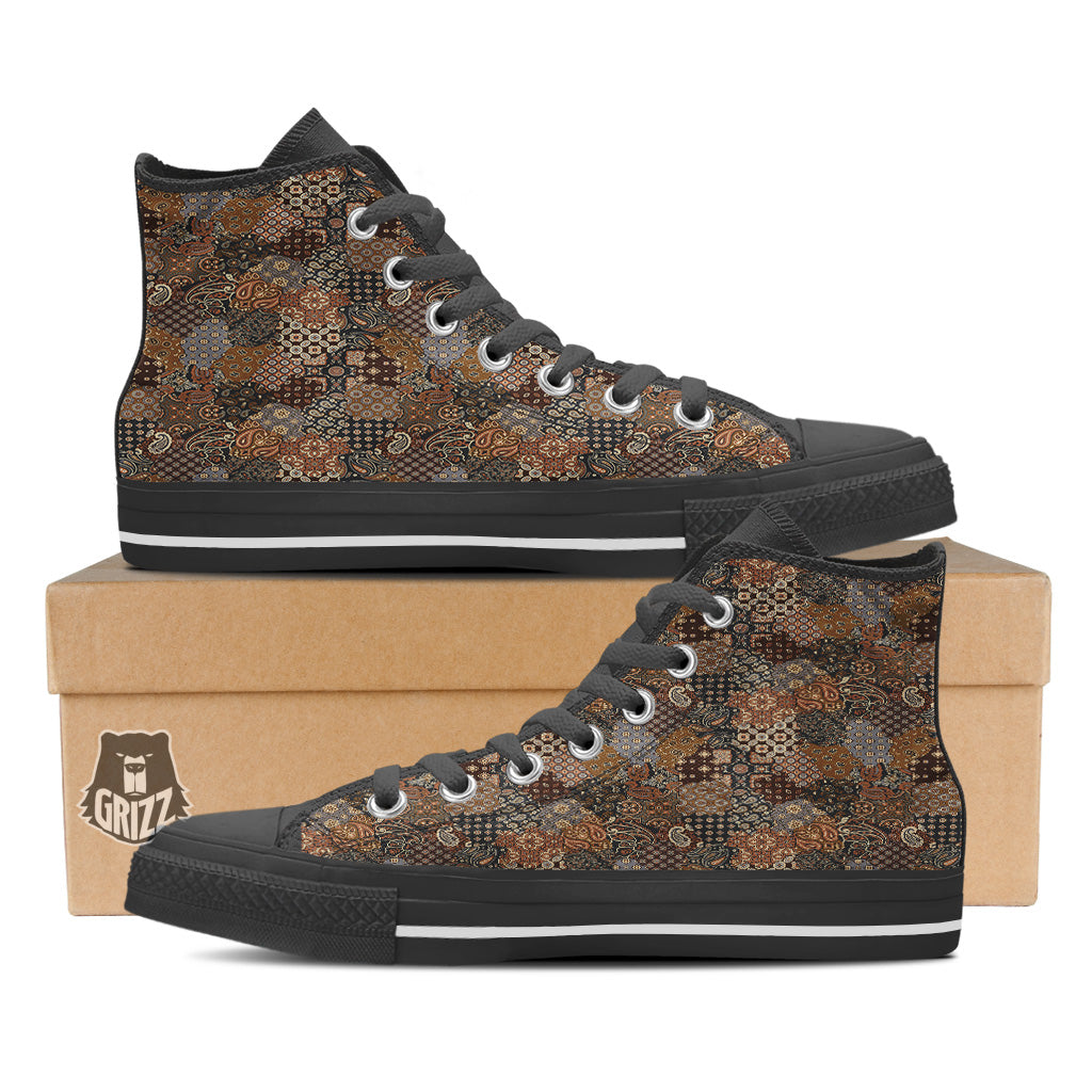 Brown Patchwork Paisley Print Pattern Black High Top Shoes-grizzshop