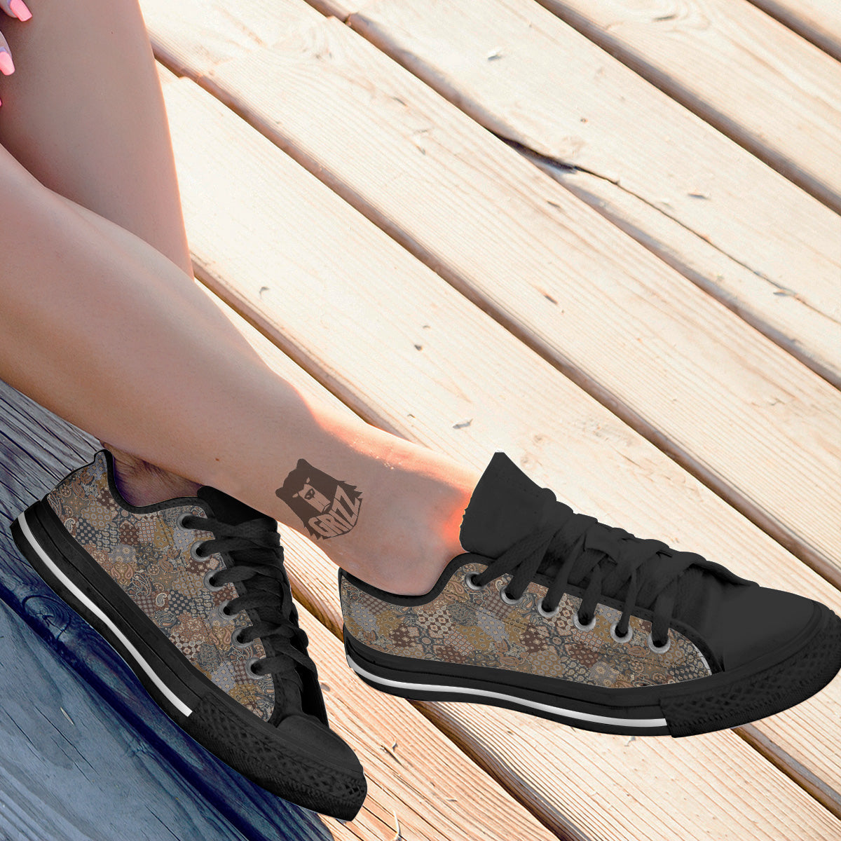 Brown Patchwork Paisley Print Pattern Black Low Top Shoes-grizzshop
