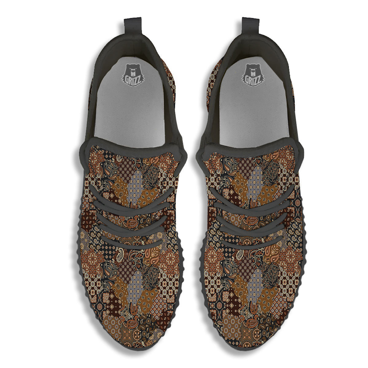 Brown Patchwork Paisley Print Pattern Black Walking Shoes-grizzshop