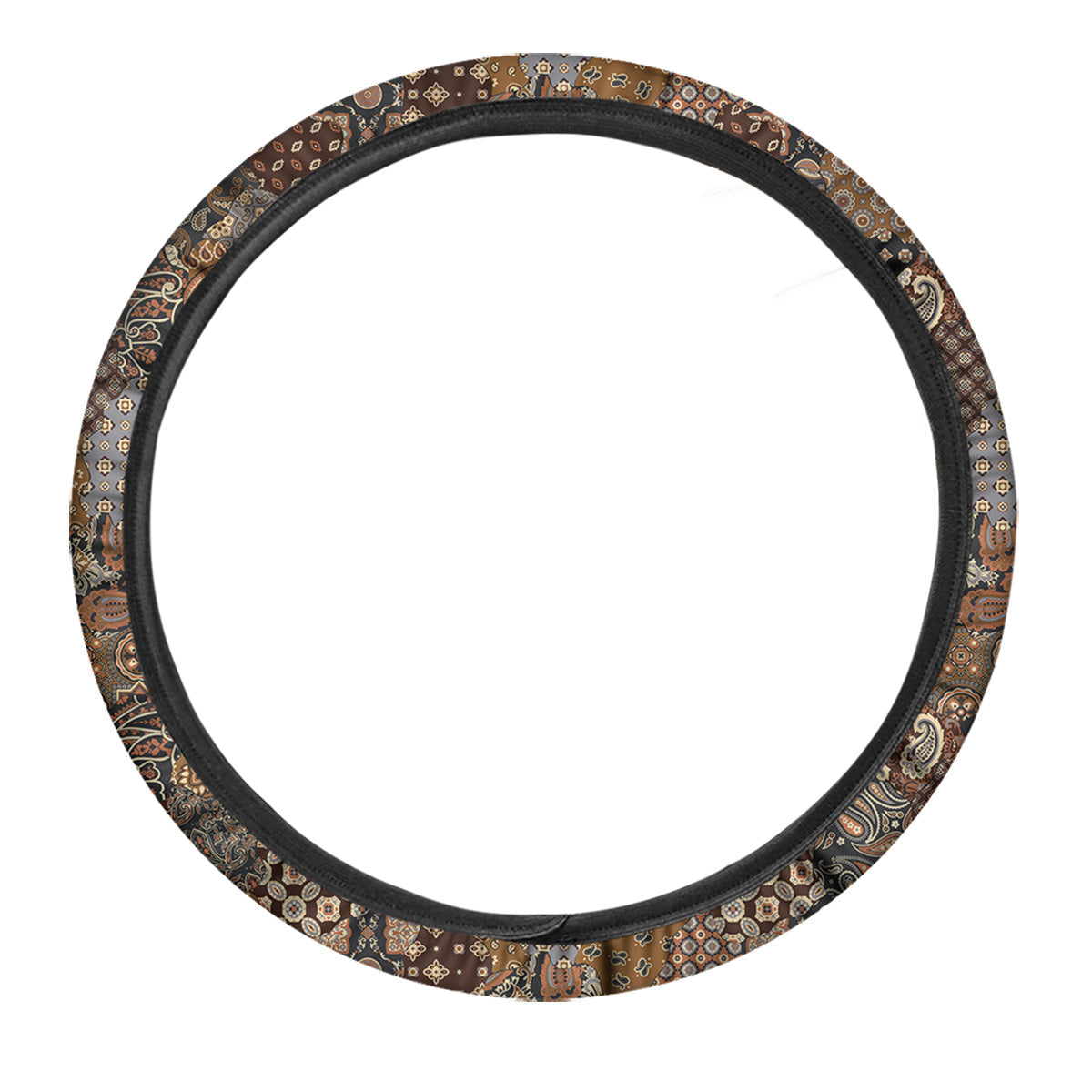 Brown Patchwork Paisley Print Pattern Car Steering Wheel Cover-grizzshop