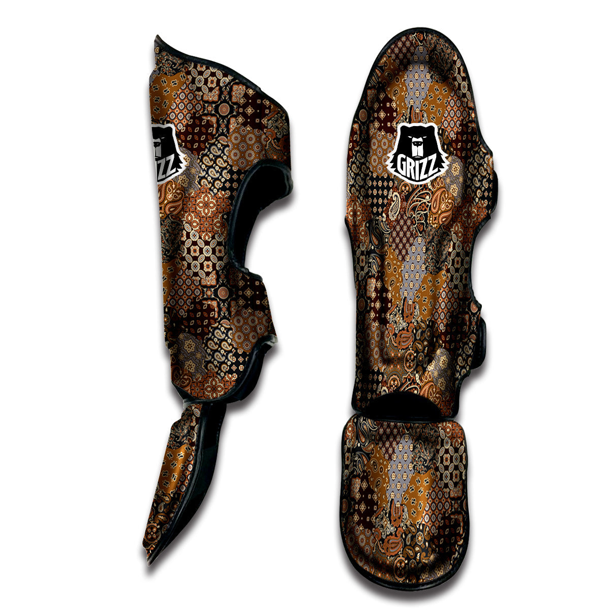 Brown Patchwork Paisley Print Pattern Muay Thai Shin Guards-grizzshop
