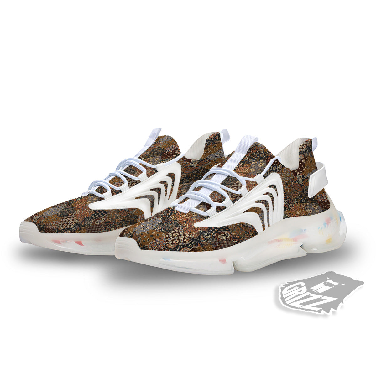 Brown Patchwork Paisley Print Pattern White Gym Shoes-grizzshop