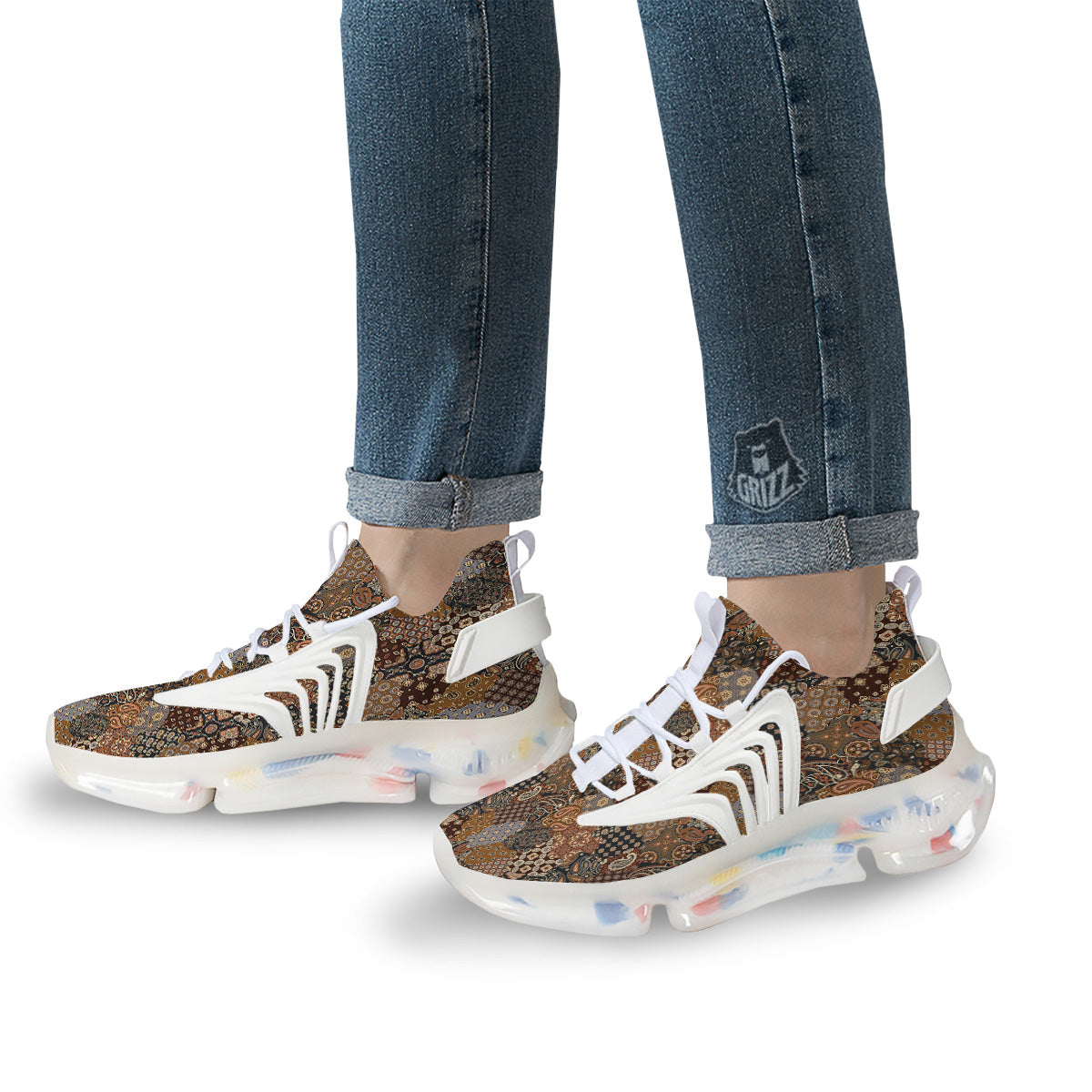 Brown Patchwork Paisley Print Pattern White Gym Shoes-grizzshop