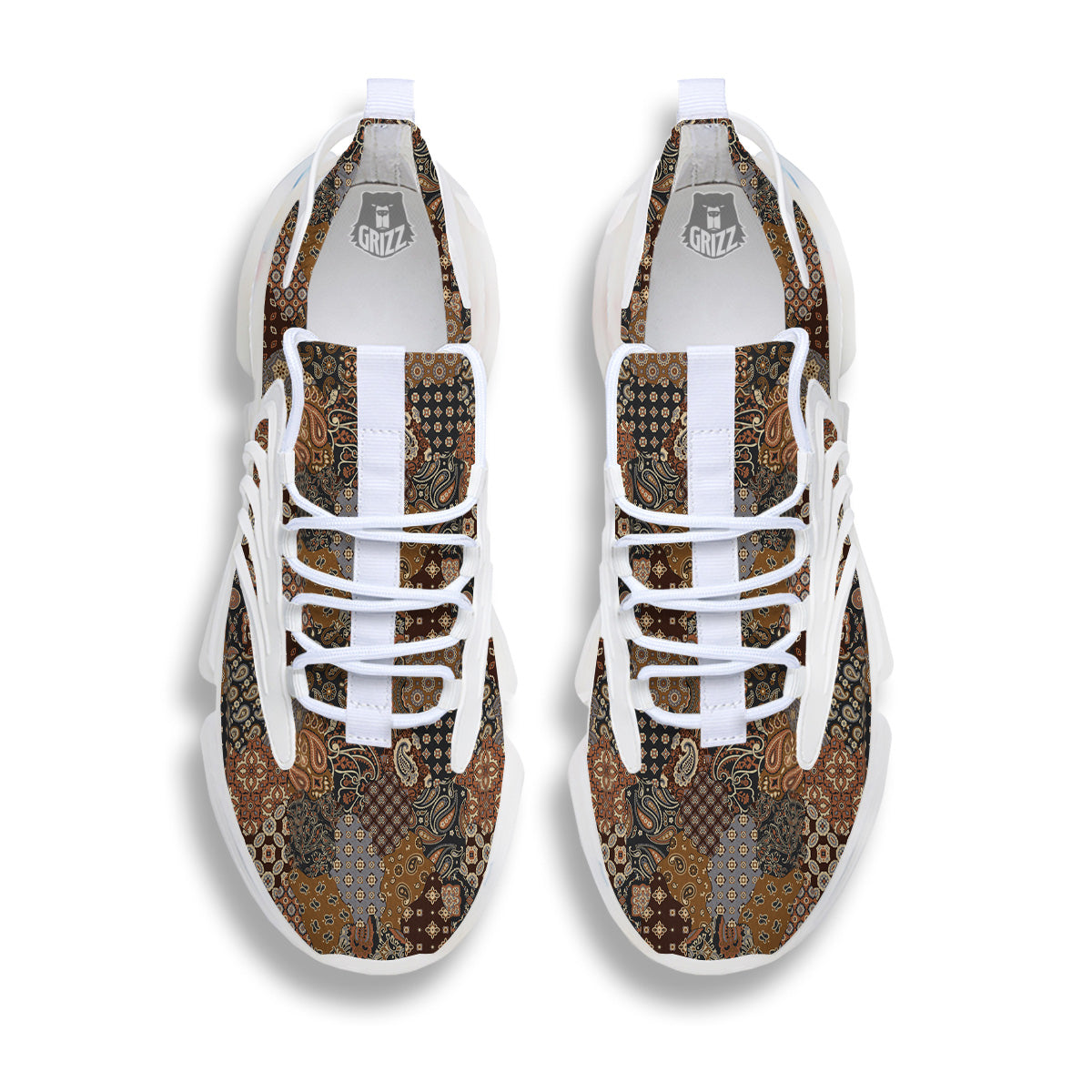 Brown Patchwork Paisley Print Pattern White Gym Shoes-grizzshop