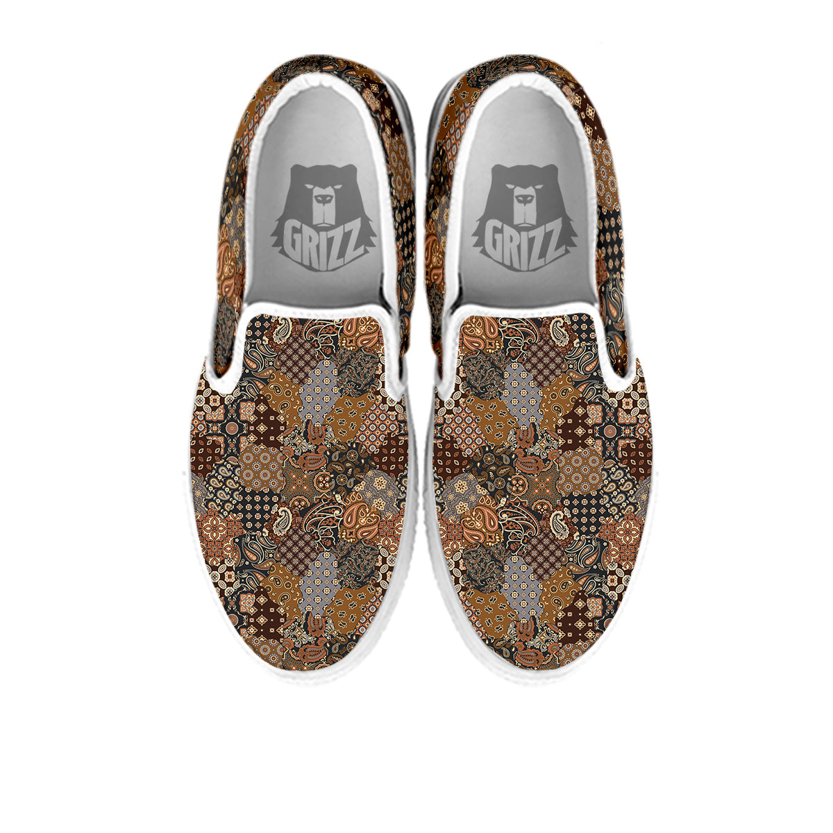 Brown Patchwork Paisley Print Pattern White Slip On Shoes-grizzshop