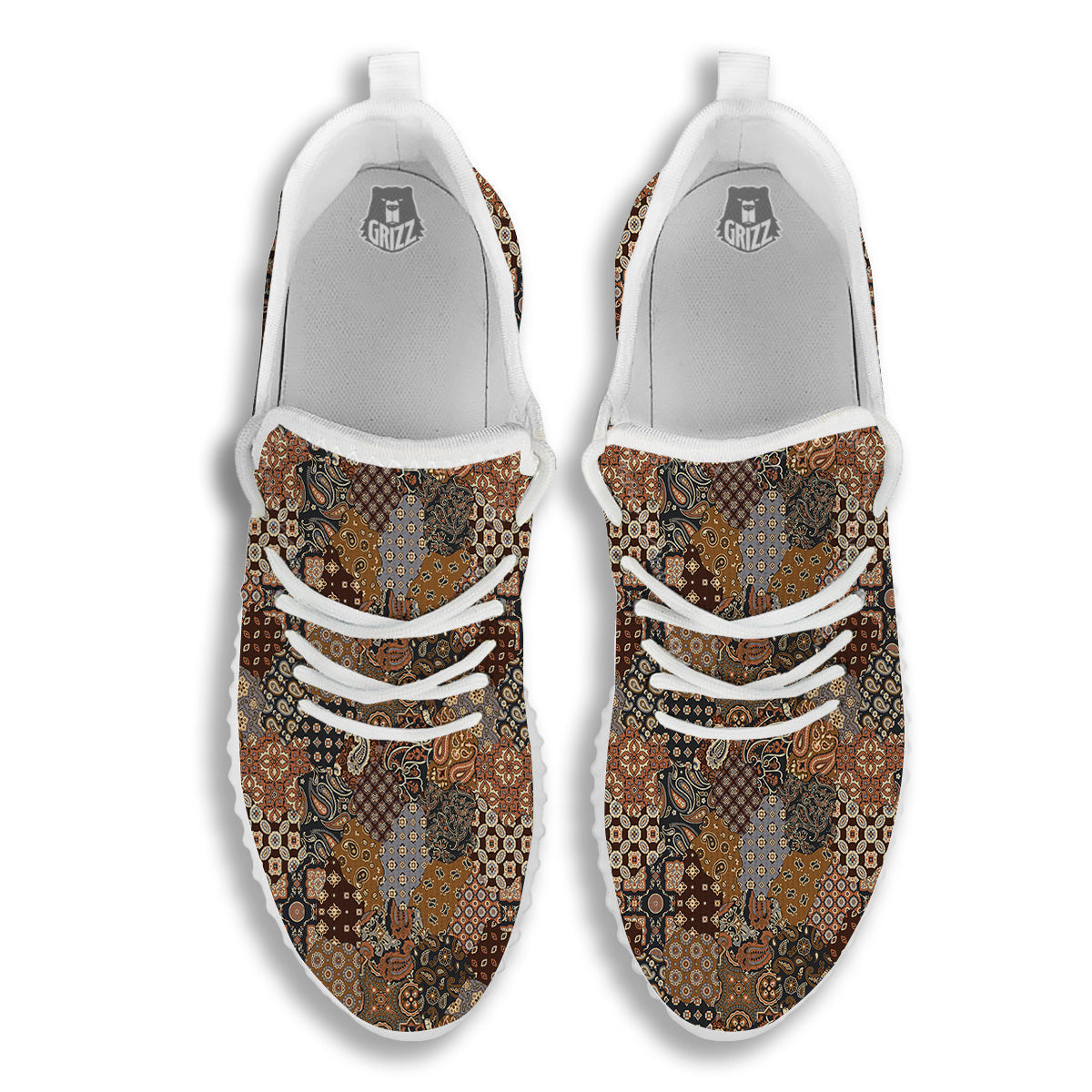Brown Patchwork Paisley Print Pattern White Walking Shoes-grizzshop