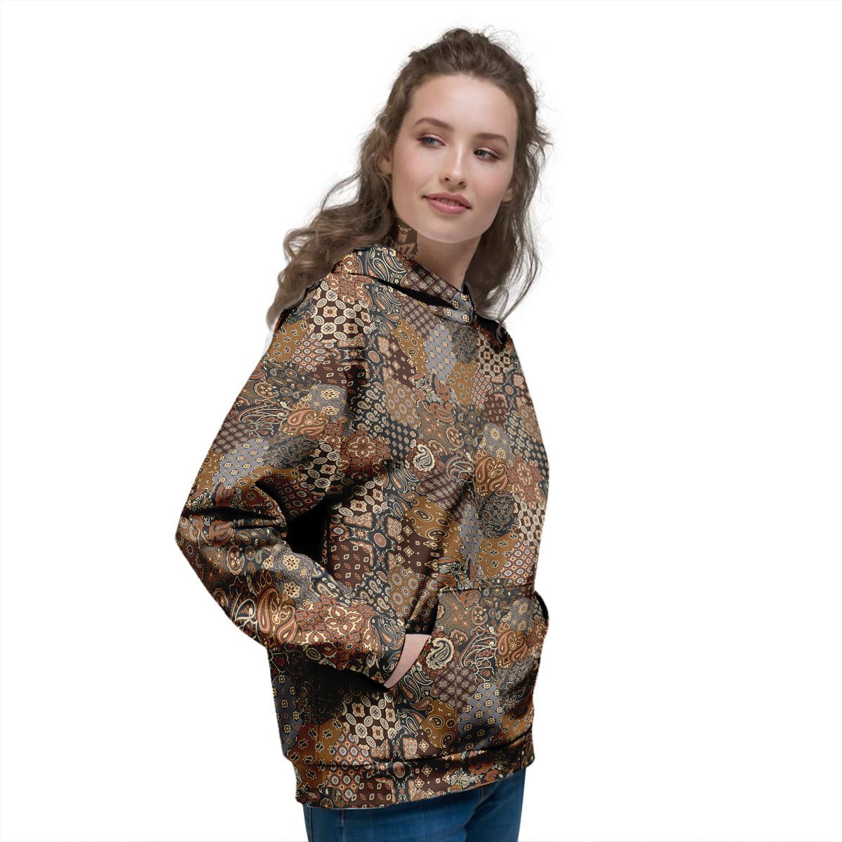 Brown Patchwork Paisley Print Pattern Women's Hoodie-grizzshop