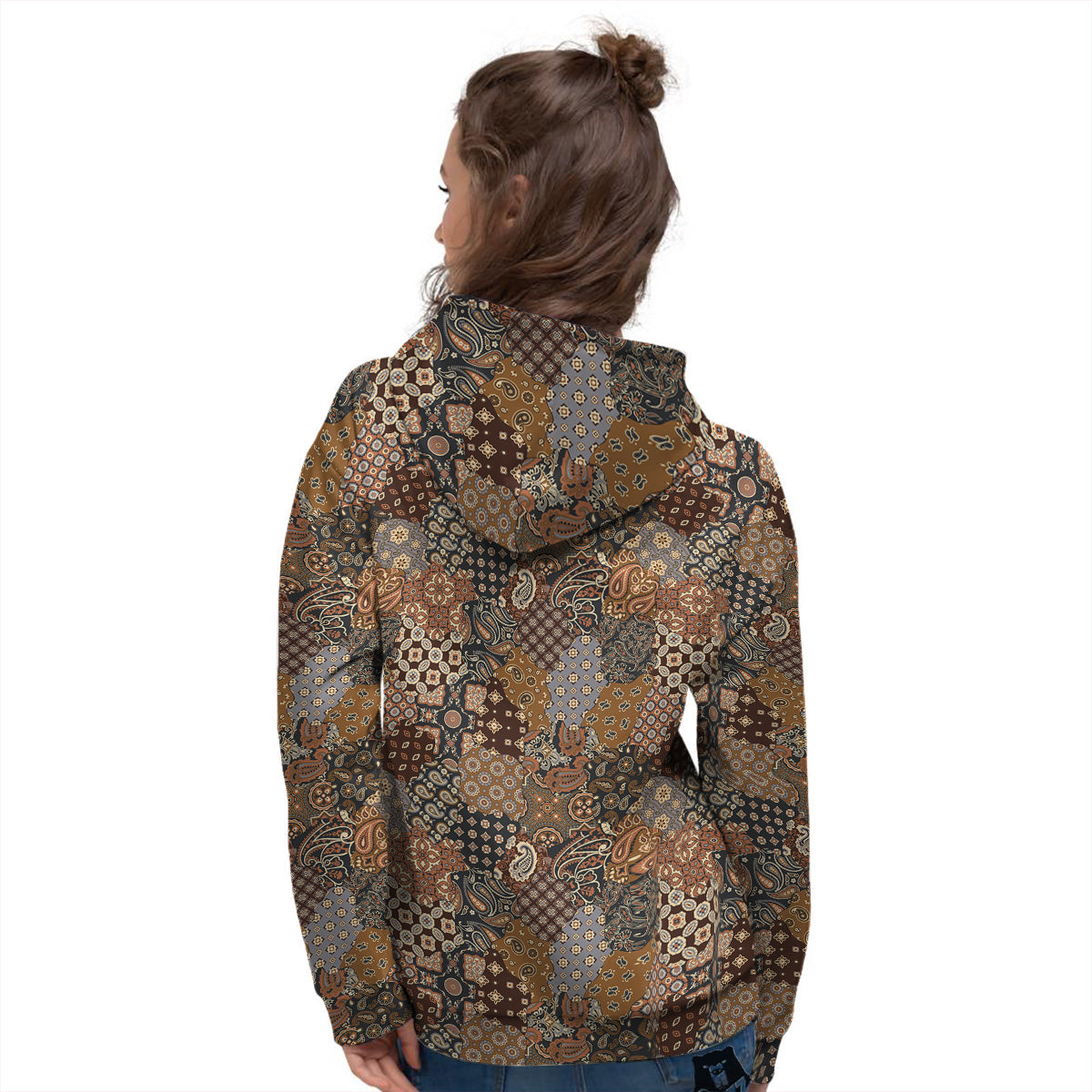 Brown Patchwork Paisley Print Pattern Women's Hoodie-grizzshop
