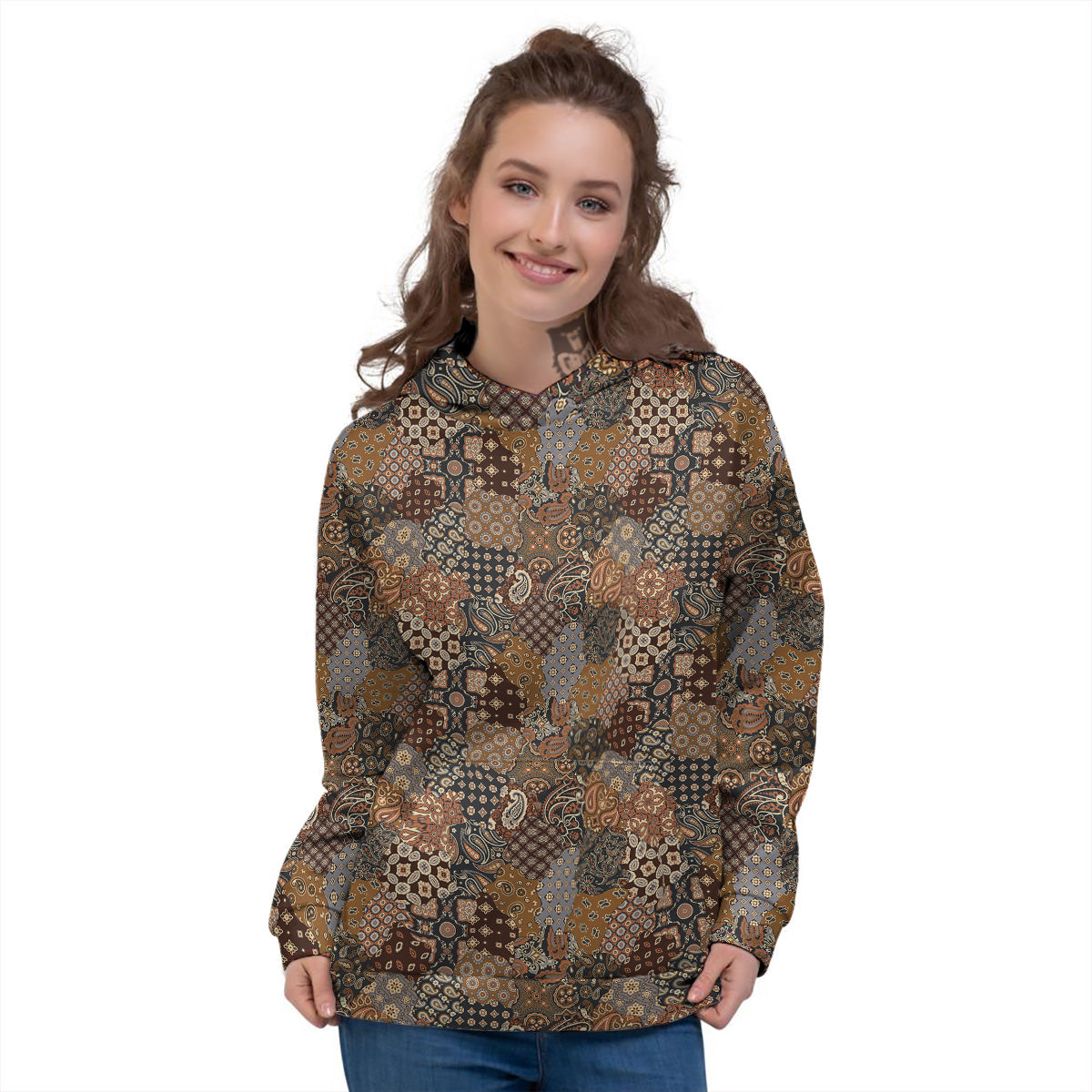 Brown Patchwork Paisley Print Pattern Women's Hoodie-grizzshop