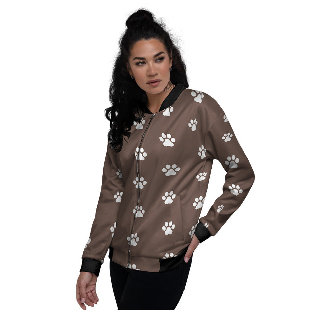 Brown Paw Print Women's Bomber Jacket-grizzshop