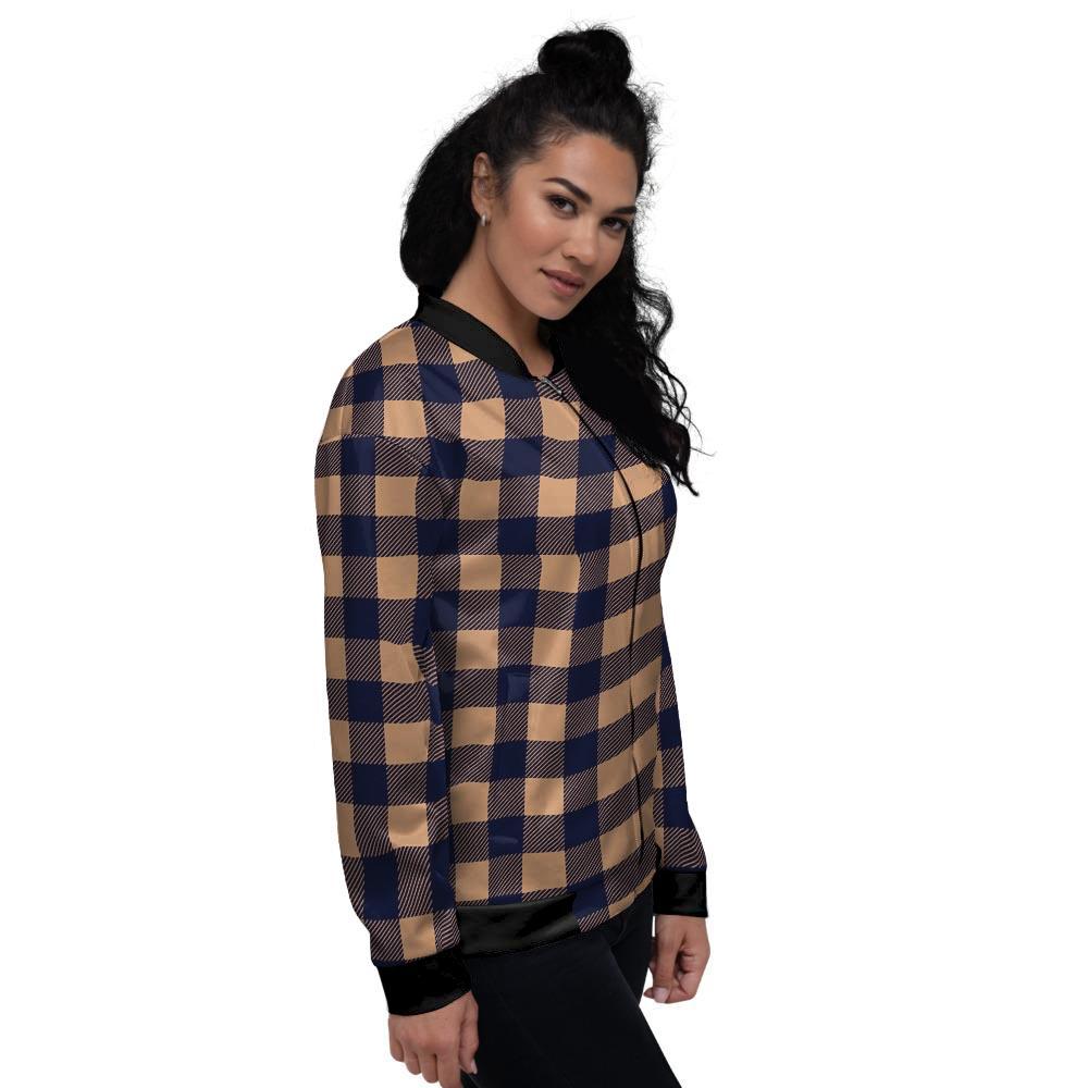 Brown Plaid Women's Bomber Jacket-grizzshop