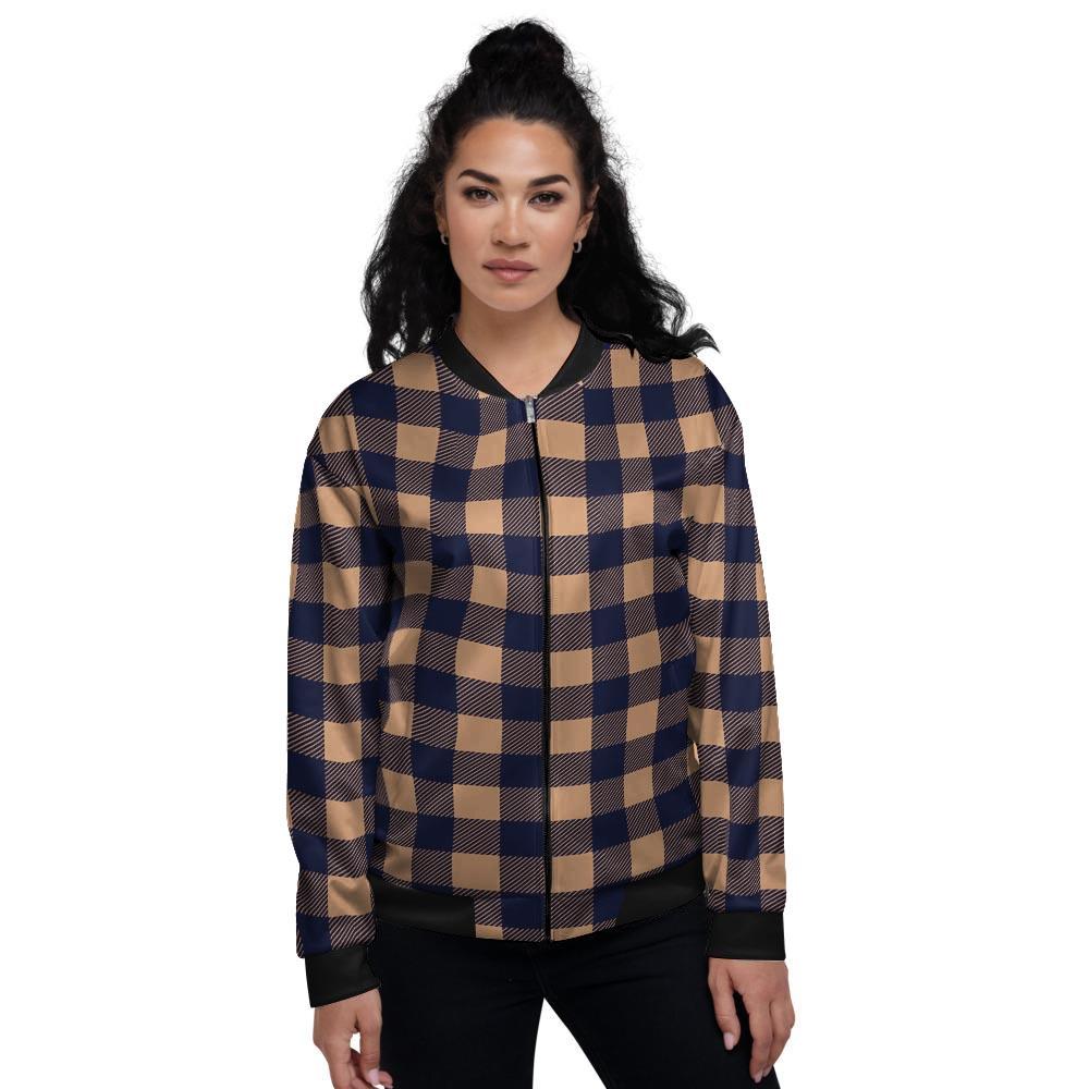 Brown Plaid Women's Bomber Jacket-grizzshop