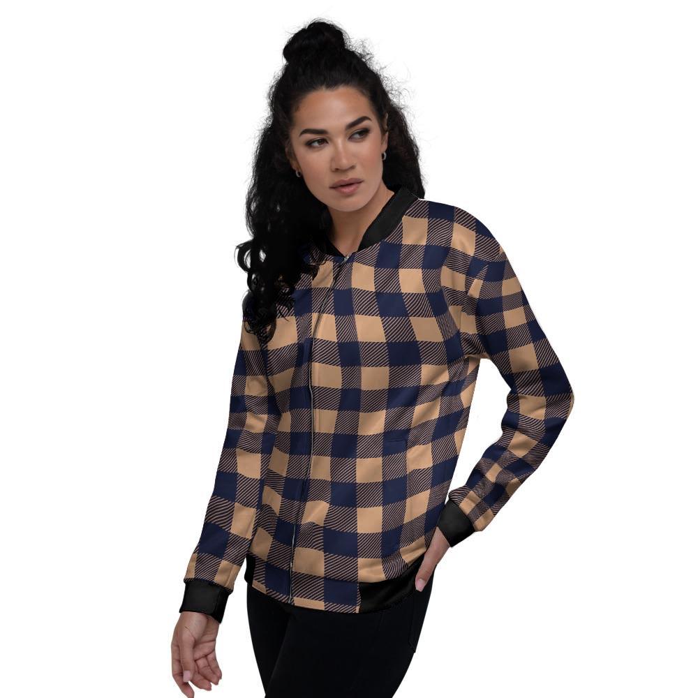 Brown Plaid Women's Bomber Jacket-grizzshop