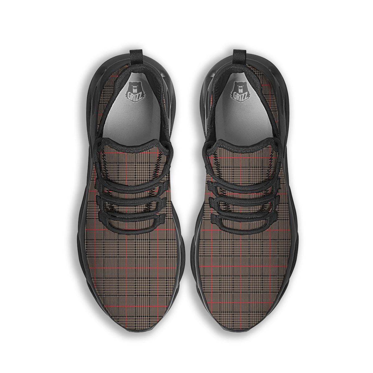 Brown Prince OF Wales Check Print Black Running Shoes-grizzshop