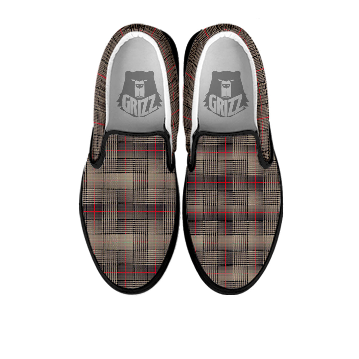 Brown Prince OF Wales Check Print Black Slip On Shoes-grizzshop