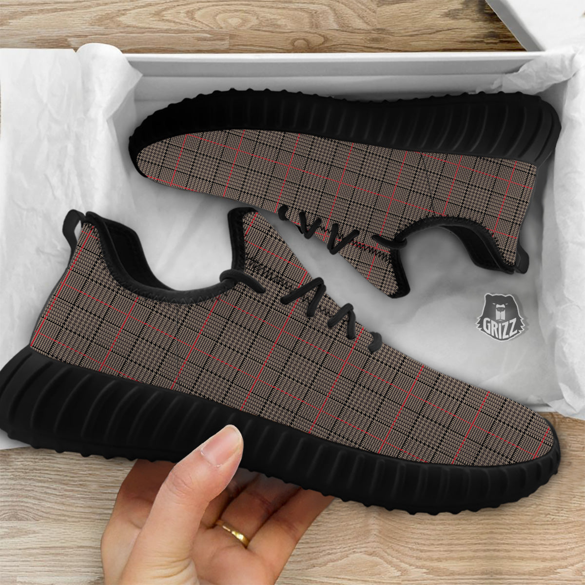 Brown Prince OF Wales Check Print Black Walking Shoes-grizzshop