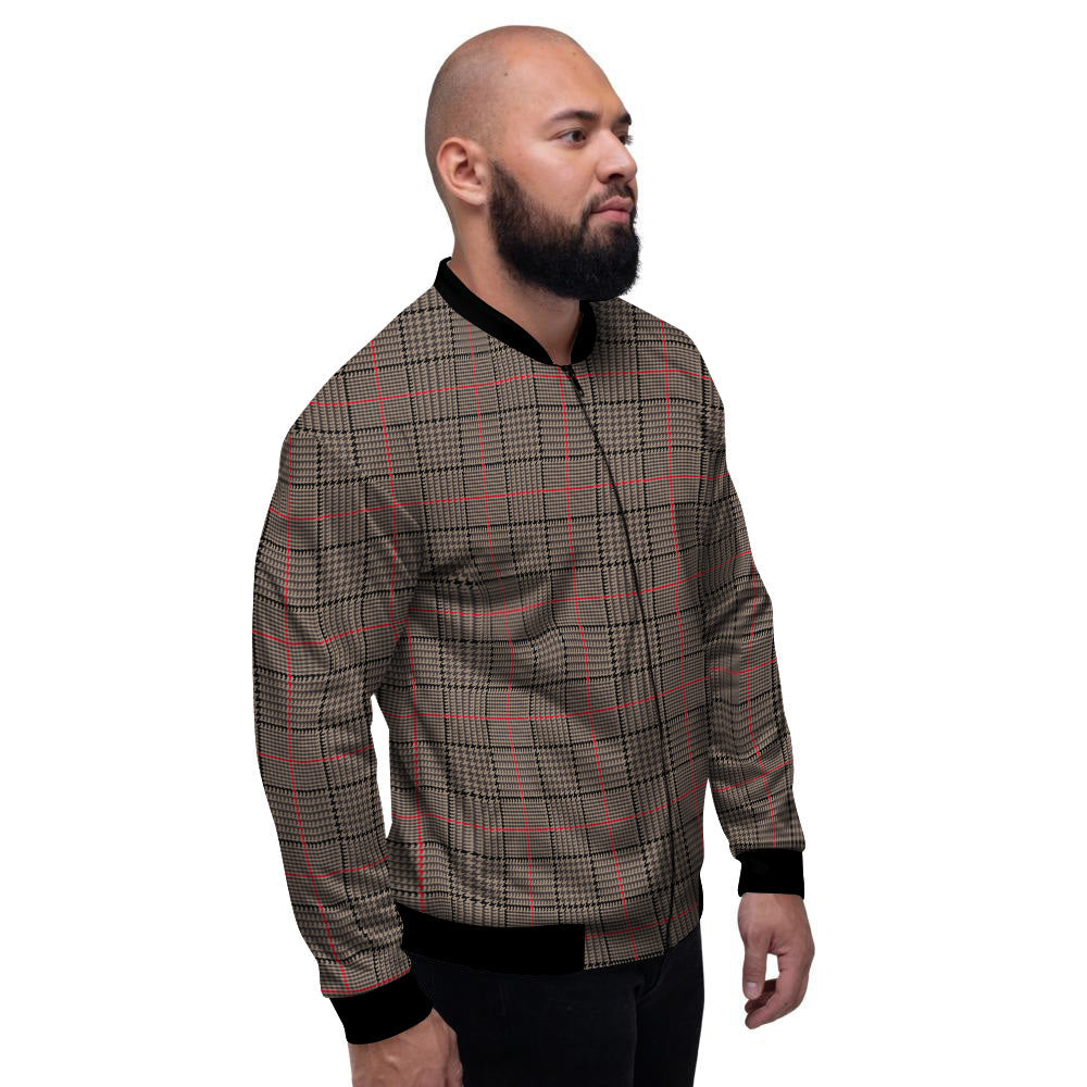 Brown Prince OF Wales Check Print Men's Bomber Jacket-grizzshop