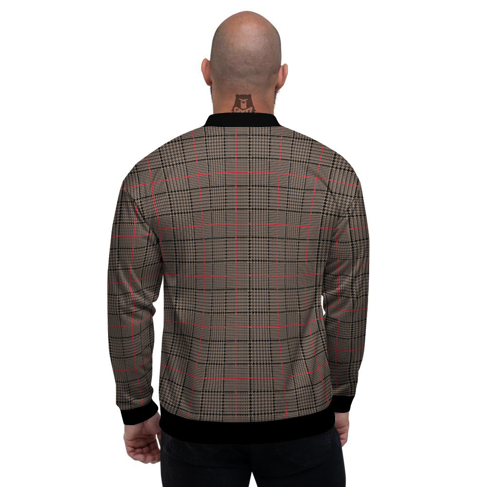 Brown Prince OF Wales Check Print Men's Bomber Jacket-grizzshop