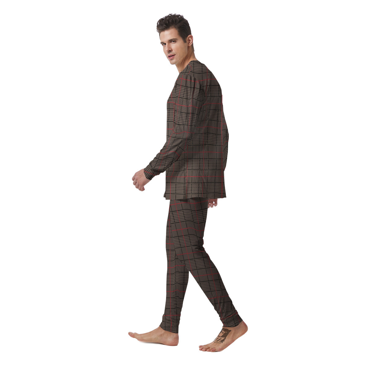 Brown Prince OF Wales Check Print Men's Pajamas-grizzshop