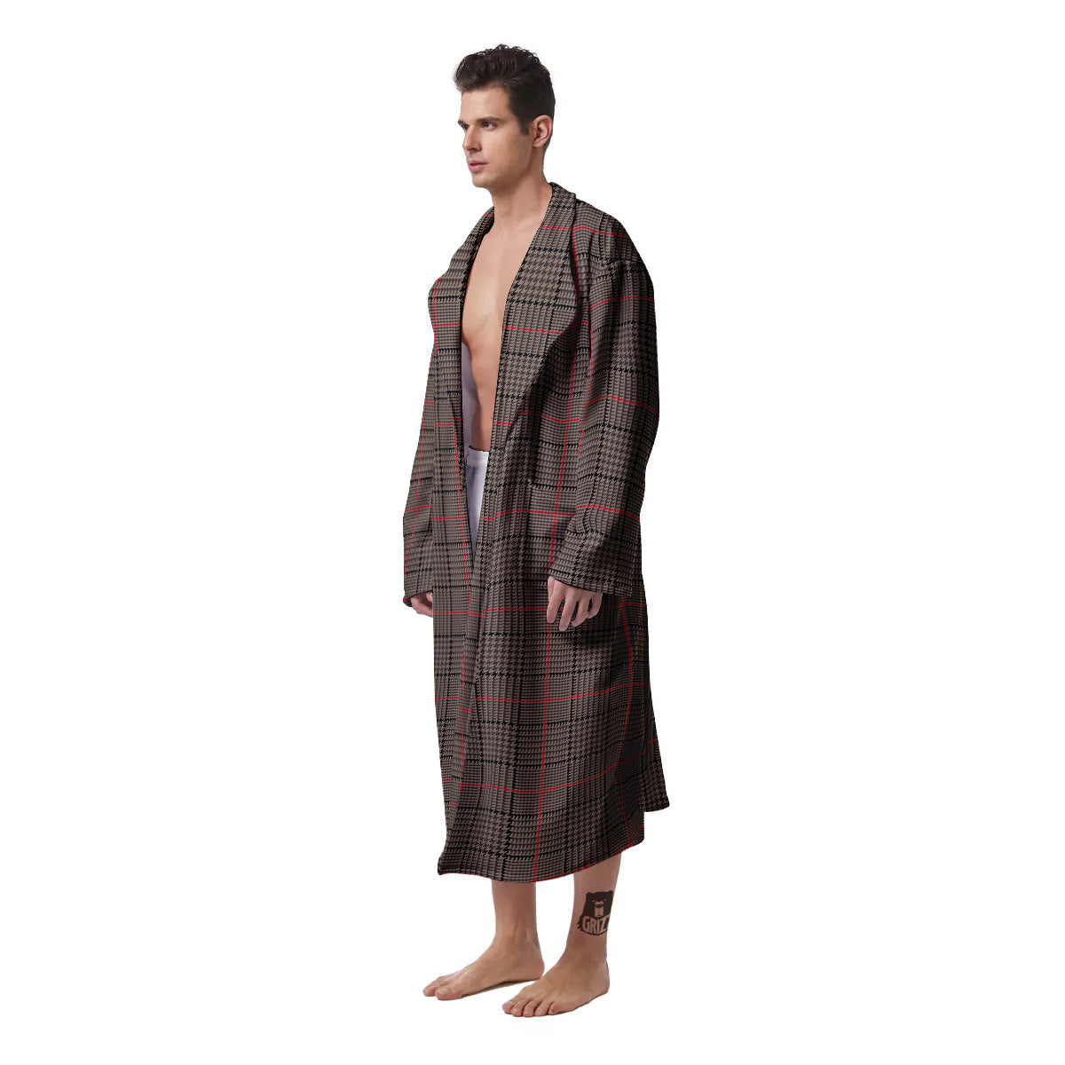Brown Prince OF Wales Check Print Men's Robe-grizzshop