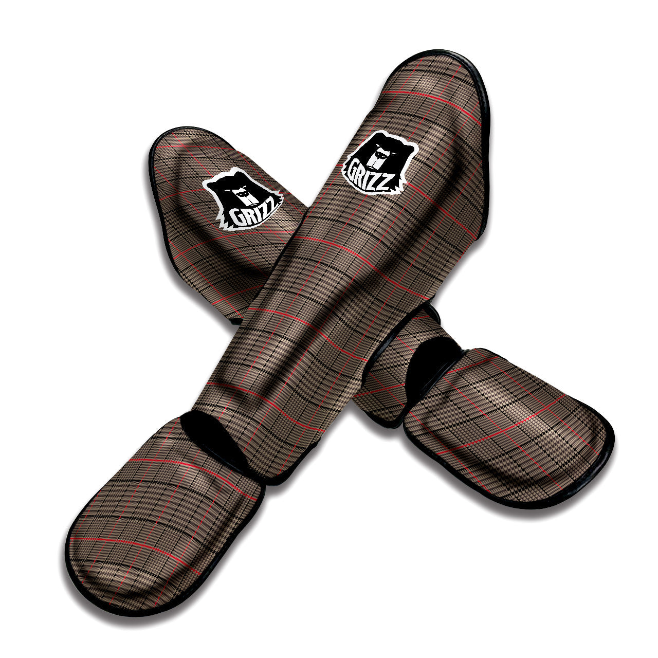 Brown Prince OF Wales Check Print Muay Thai Shin Guards-grizzshop
