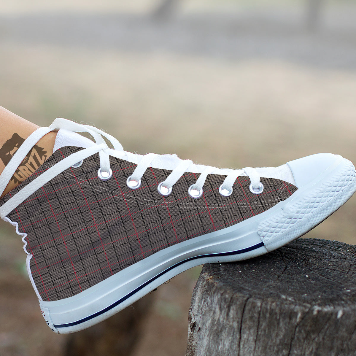 Brown Prince OF Wales Check Print White High Top Shoes-grizzshop
