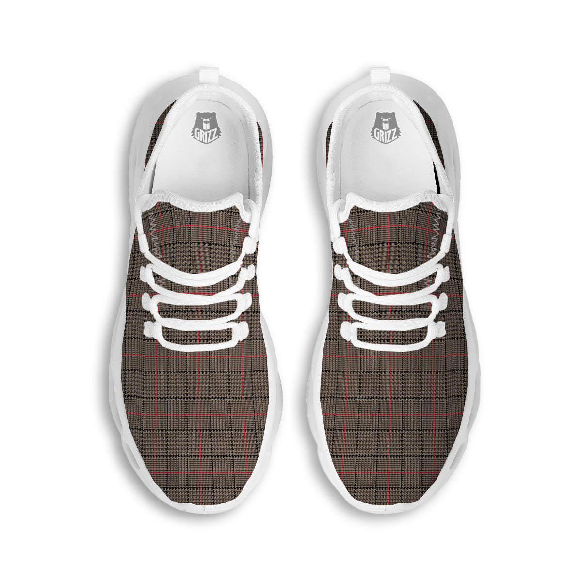 Brown Prince OF Wales Check Print White Running Shoes-grizzshop