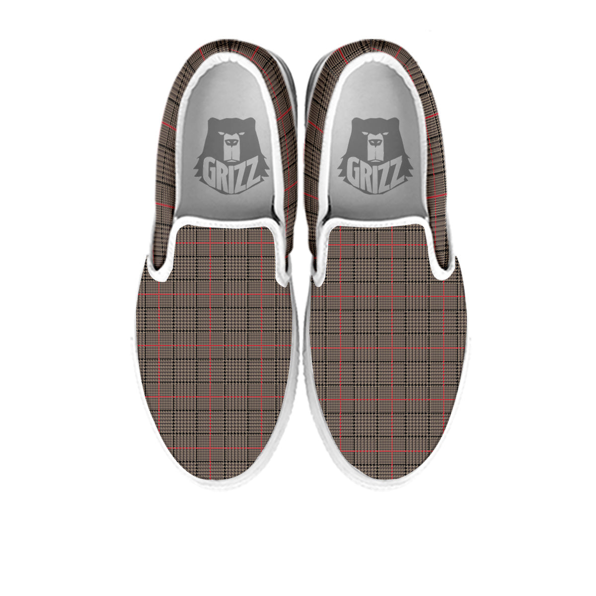 Brown Prince OF Wales Check Print White Slip On Shoes-grizzshop