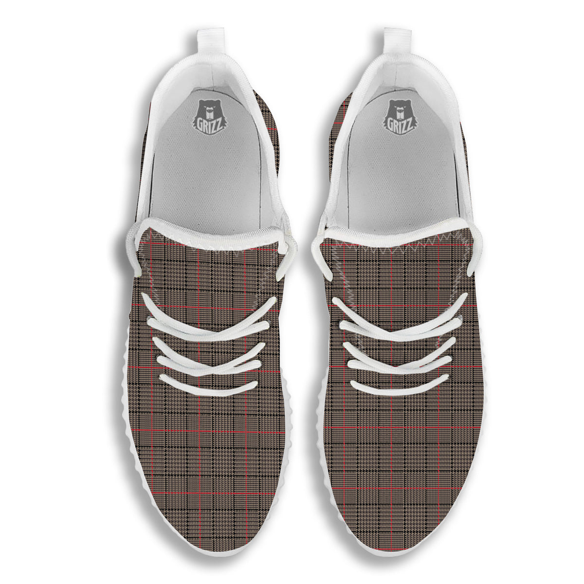 Brown Prince OF Wales Check Print White Walking Shoes-grizzshop
