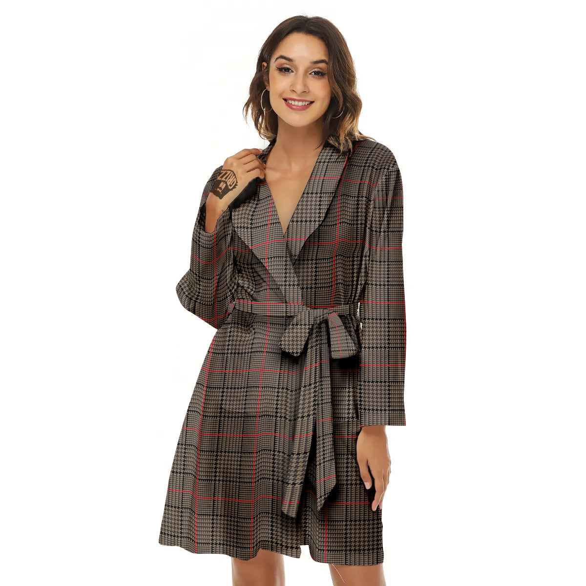 Brown Prince OF Wales Check Print Women's Robe-grizzshop