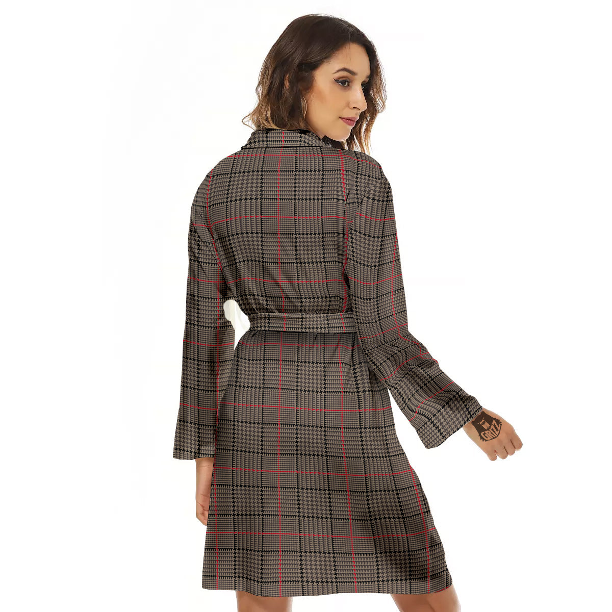 Brown Prince OF Wales Check Print Women's Robe-grizzshop