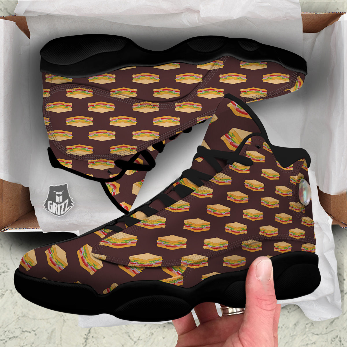 Brown Sandwich Print Pattern Black Basketball Shoes-grizzshop