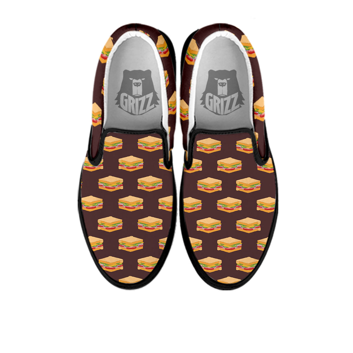 Brown Sandwich Print Pattern Black Slip On Shoes-grizzshop