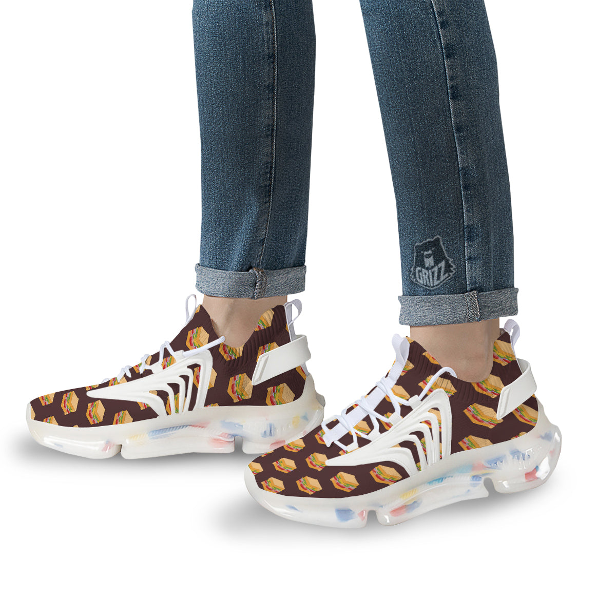 Brown Sandwich Print Pattern White Gym Shoes-grizzshop