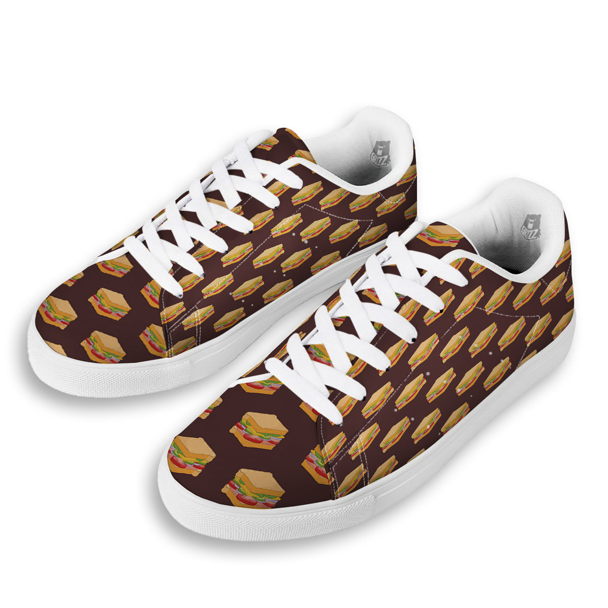 Brown Sandwich Print Pattern White Low Top Sneakers-grizzshop