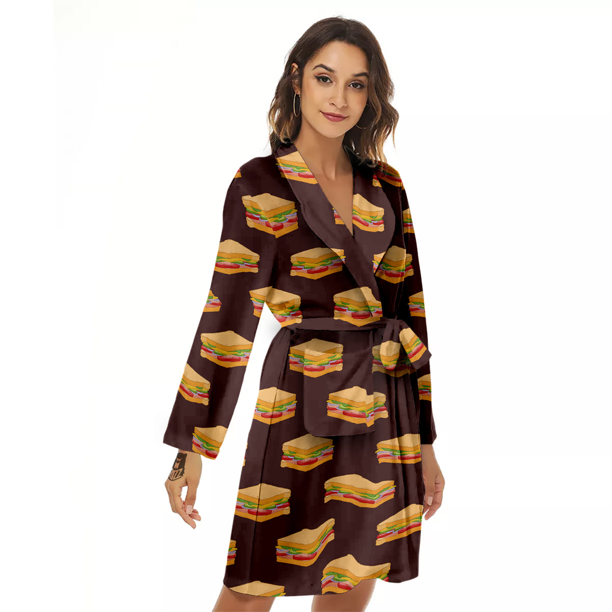 Brown Sandwich Print Pattern Women's Robe-grizzshop