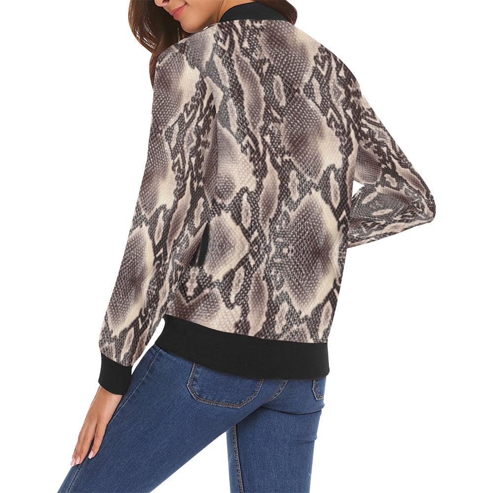 Brown Snakeskin Python Skin Pattern Print Women Casual Bomber Jacket-grizzshop