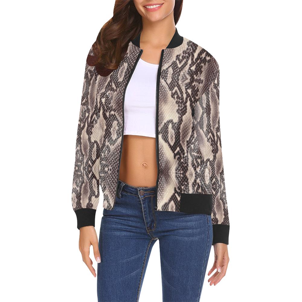 Brown Snakeskin Python Skin Pattern Print Women Casual Bomber Jacket-grizzshop