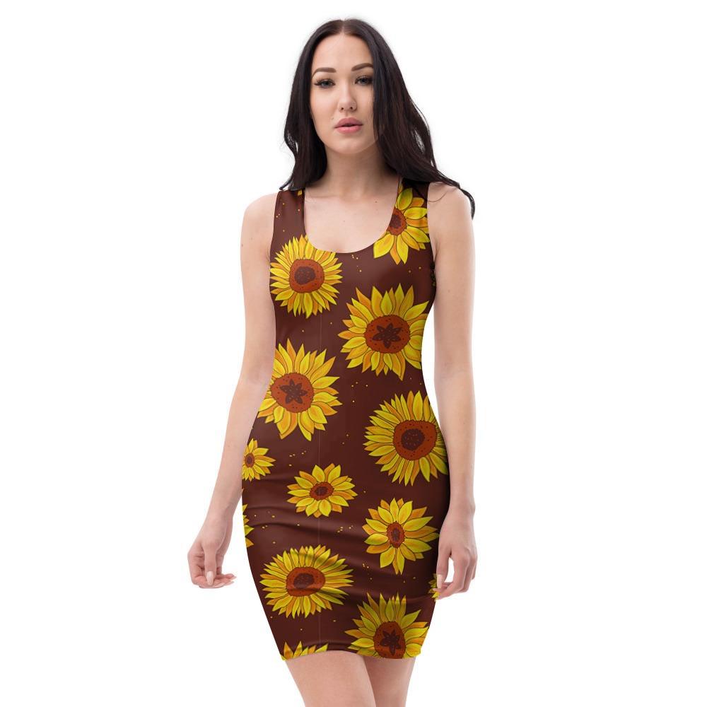 Brown Sunflower Bodycon Dress-grizzshop