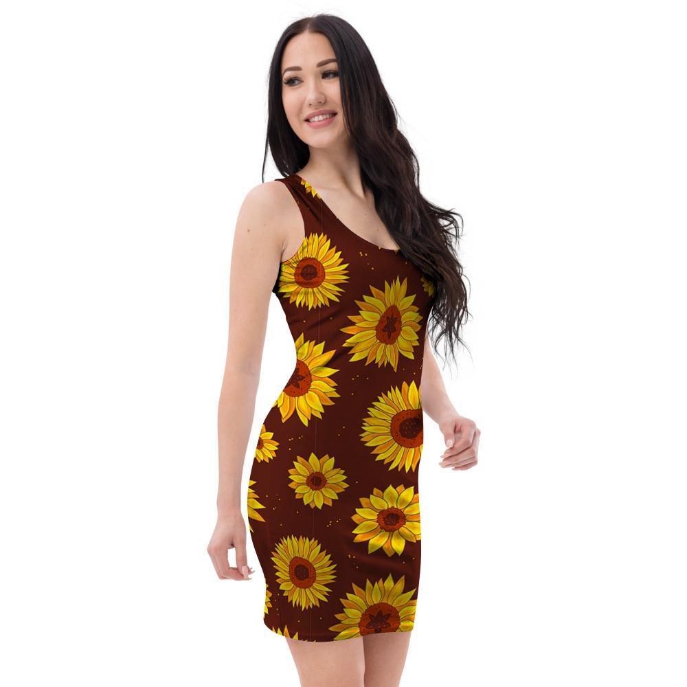 Brown Sunflower Bodycon Dress-grizzshop