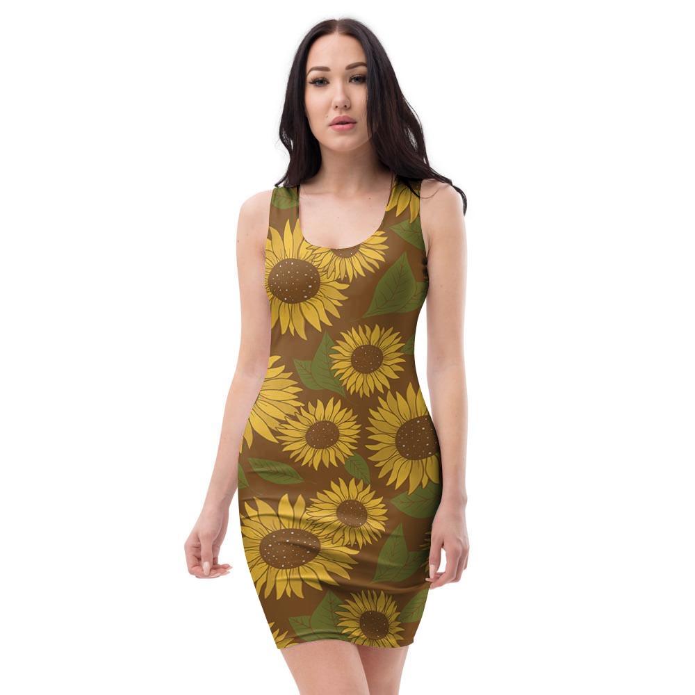 Brown Sunflower Print Bodycon Dress-grizzshop