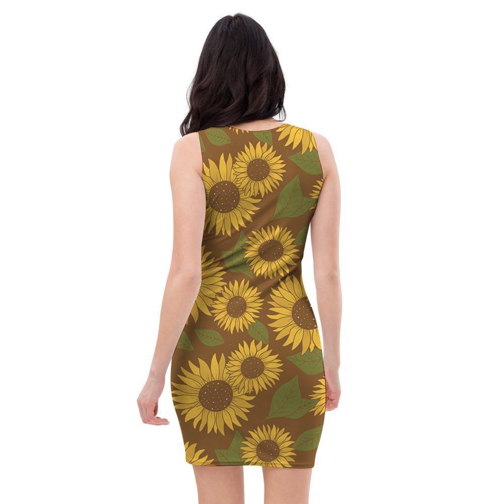 Brown Sunflower Print Bodycon Dress-grizzshop