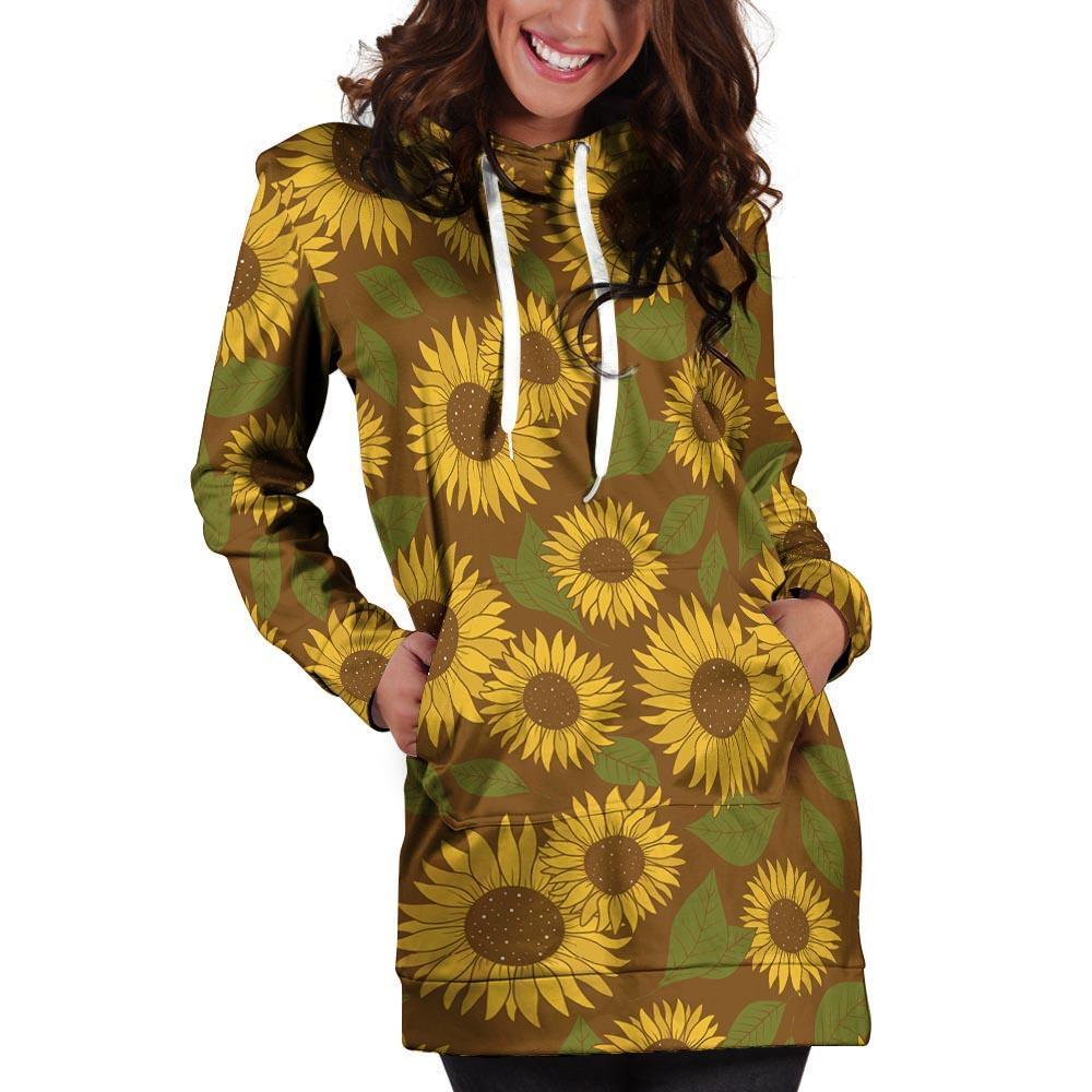 Brown Sunflower Print Hoodie Dress-grizzshop