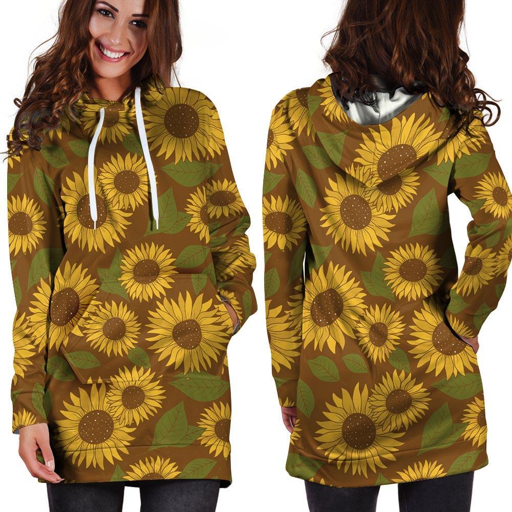 Brown Sunflower Print Hoodie Dress-grizzshop