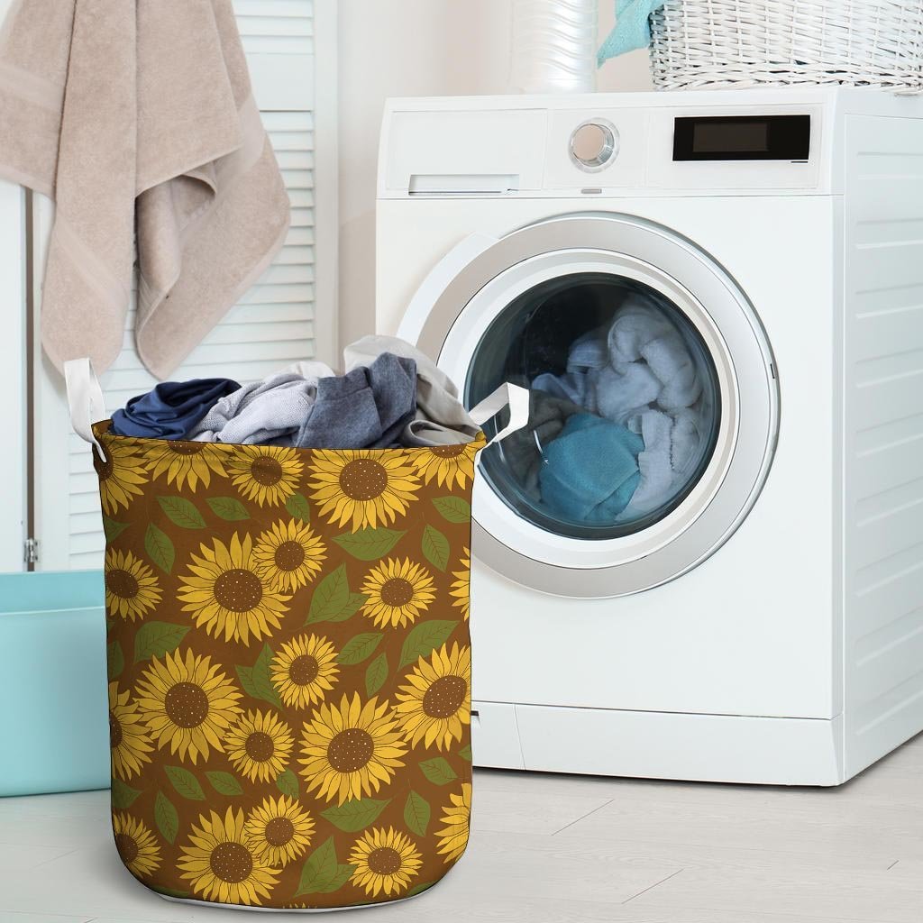 Brown Sunflower Print Laundry Basket-grizzshop