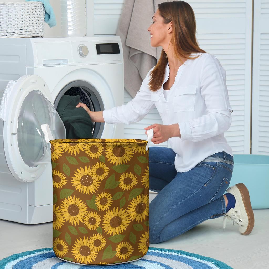 Brown Sunflower Print Laundry Basket-grizzshop