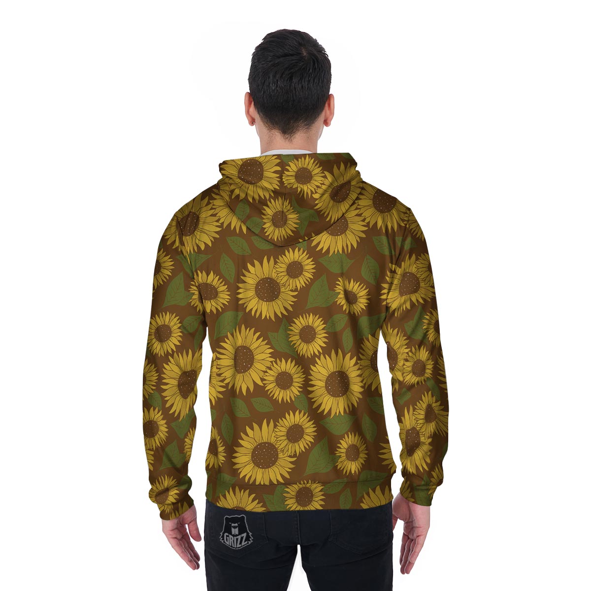Brown Sunflower Print Men's Zip Up Hoodie-grizzshop