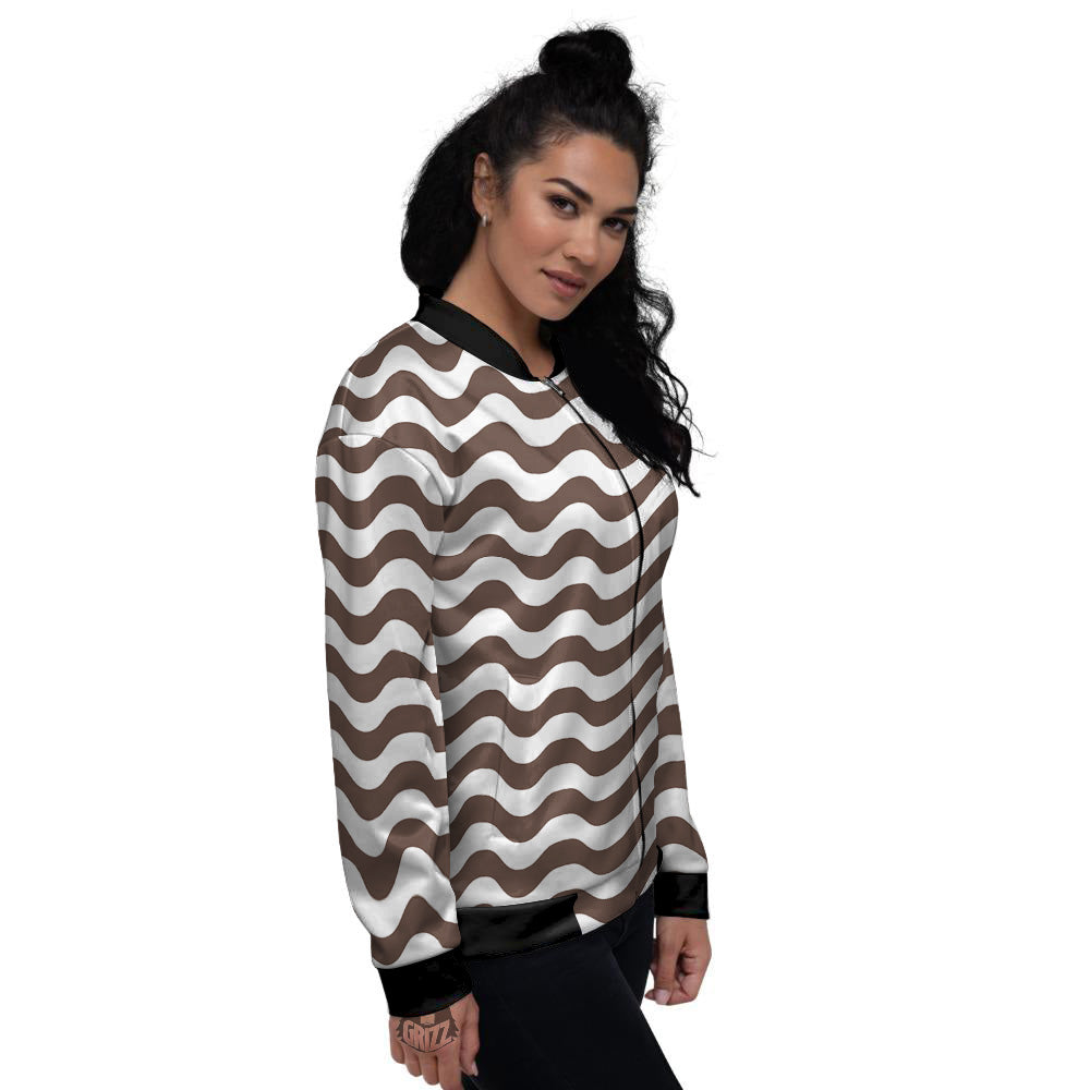 Brown Wave Striped Print Women's Bomber Jacket-grizzshop