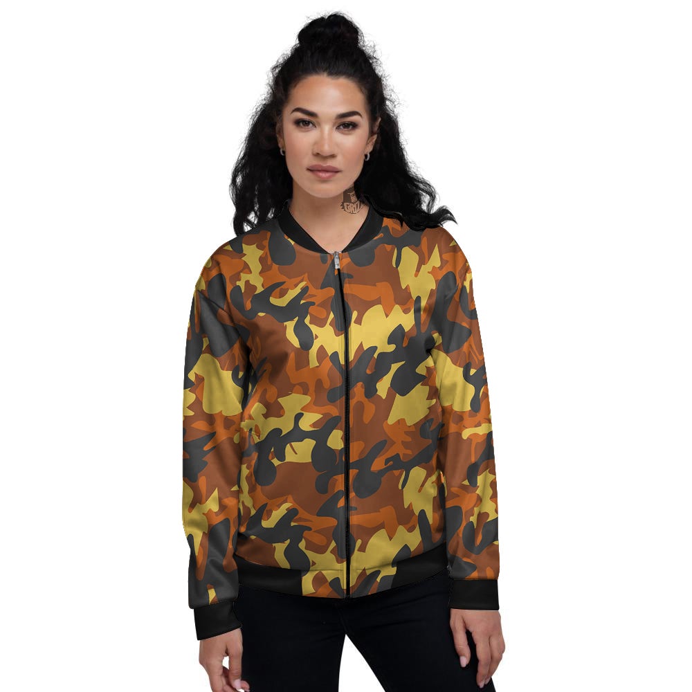 Brown Yellow And Black Camouflage Print Pattern Women's Bomber Jacket-grizzshop