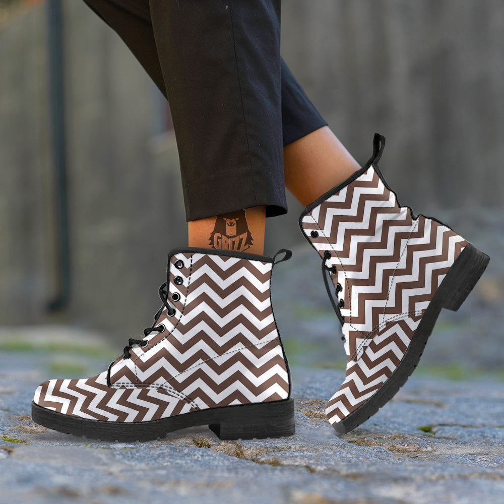 Brown Zigzag Print Pattern Leather Boots-grizzshop